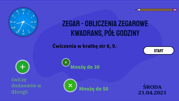 Zegar-kwadrans, pół godziny - obliczenia zegarowe