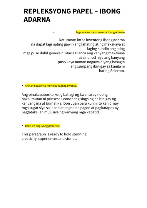 REPLEKSYONG PAPEL IBONG ADARNA