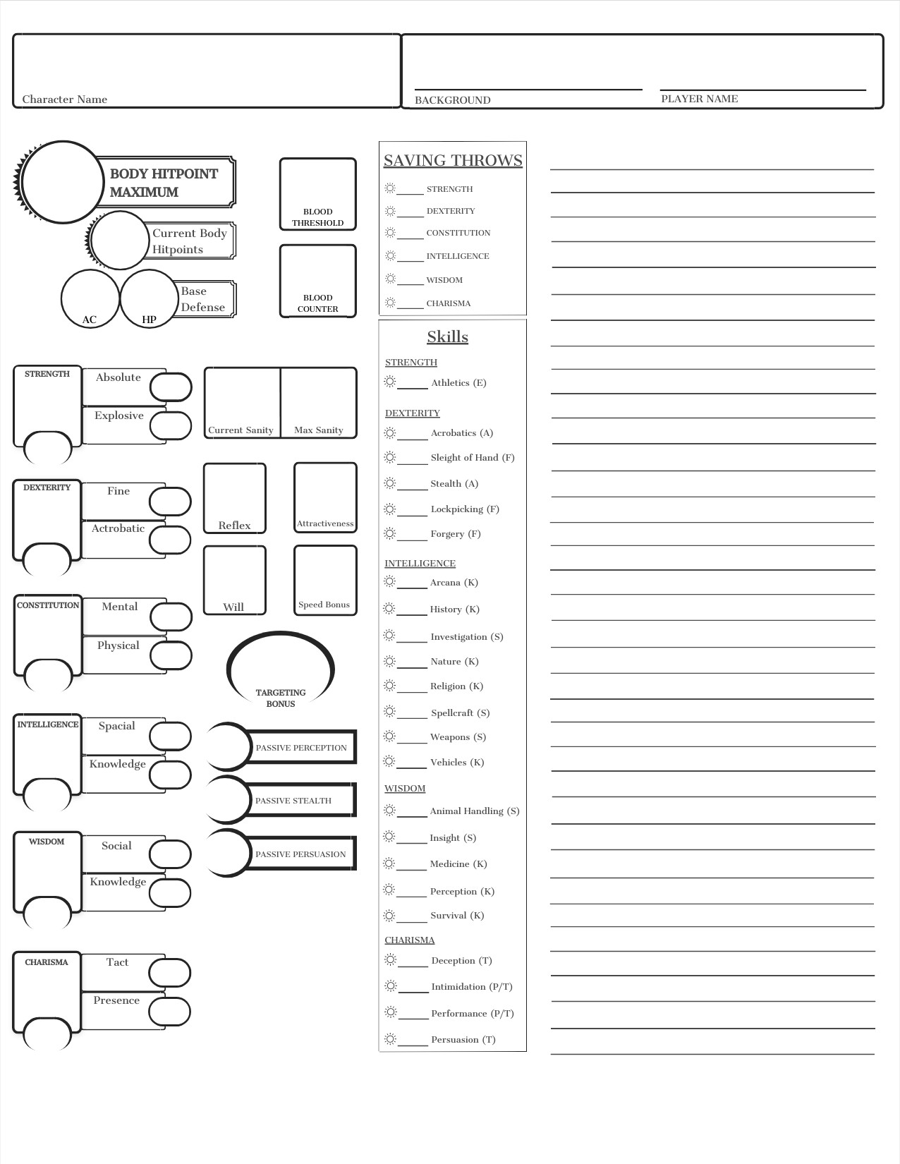 Simplified Modern Fantasy Character Sheet